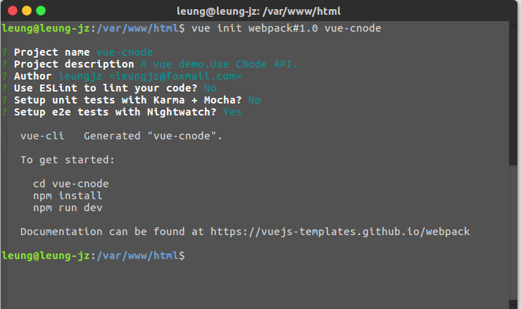vue init webpack#1.0 vue-cnode